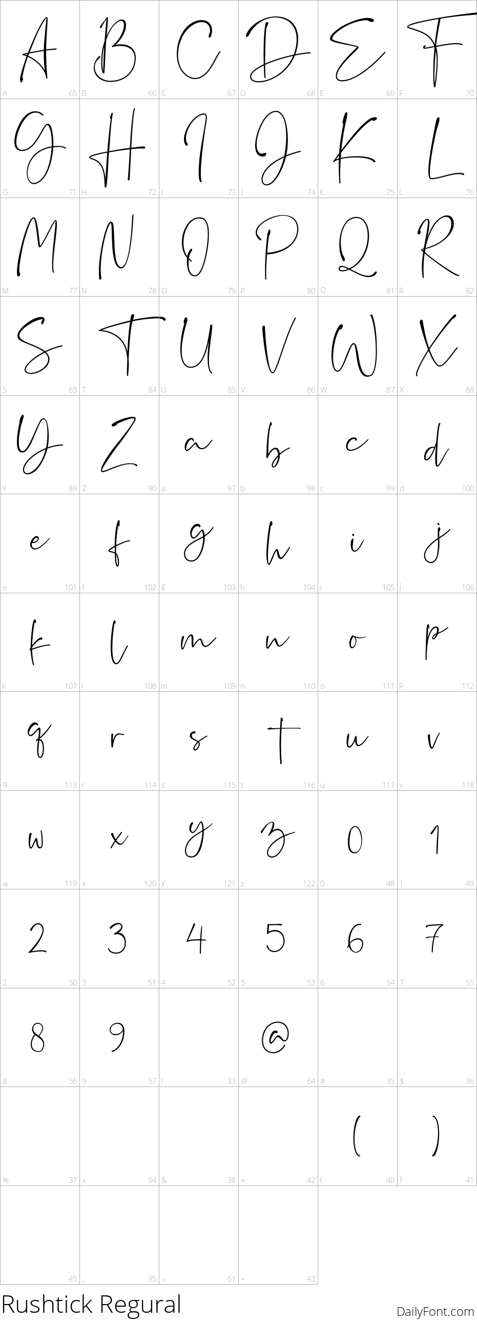 Rushtick Regural character map