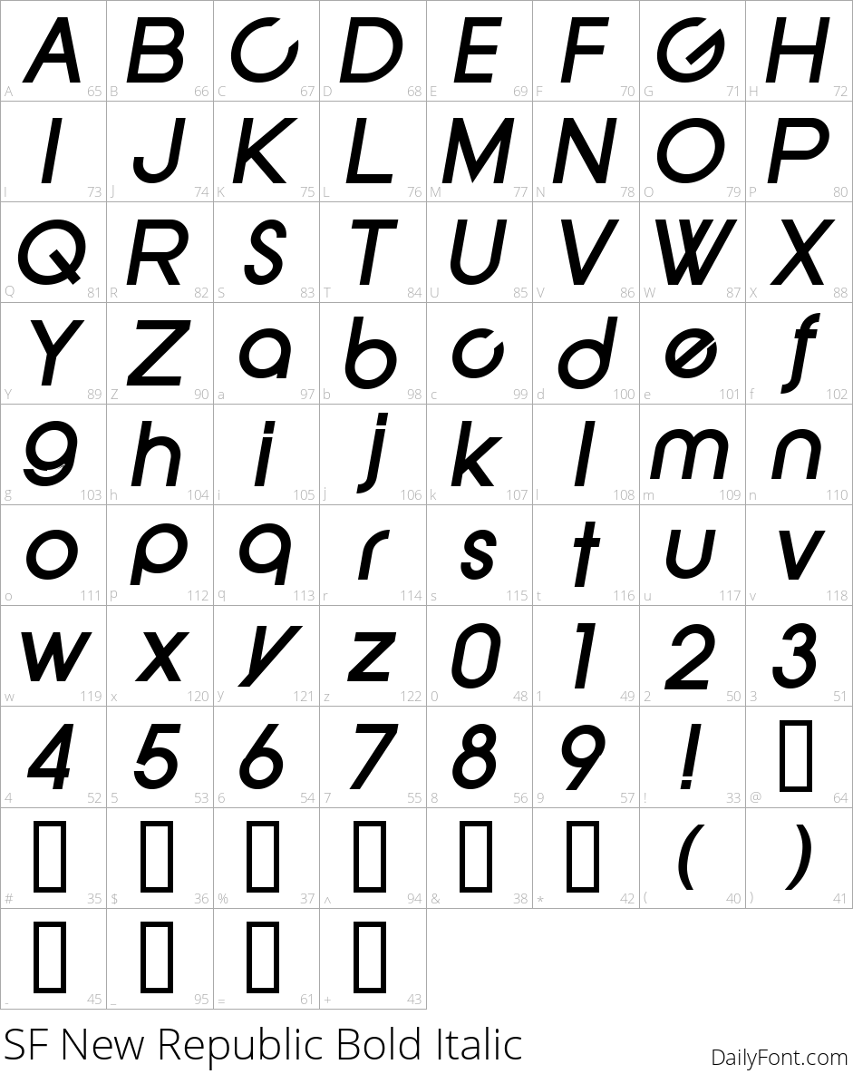SF New Republic Bold Italic character map