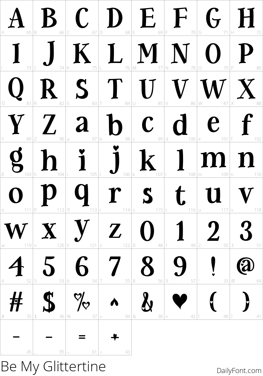 Be My Glittertine character map