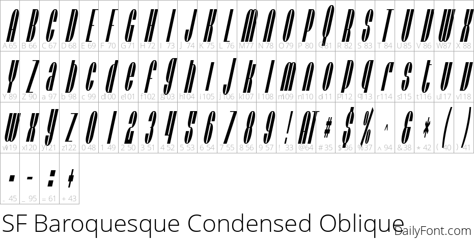 SF Baroquesque Condensed Oblique character map