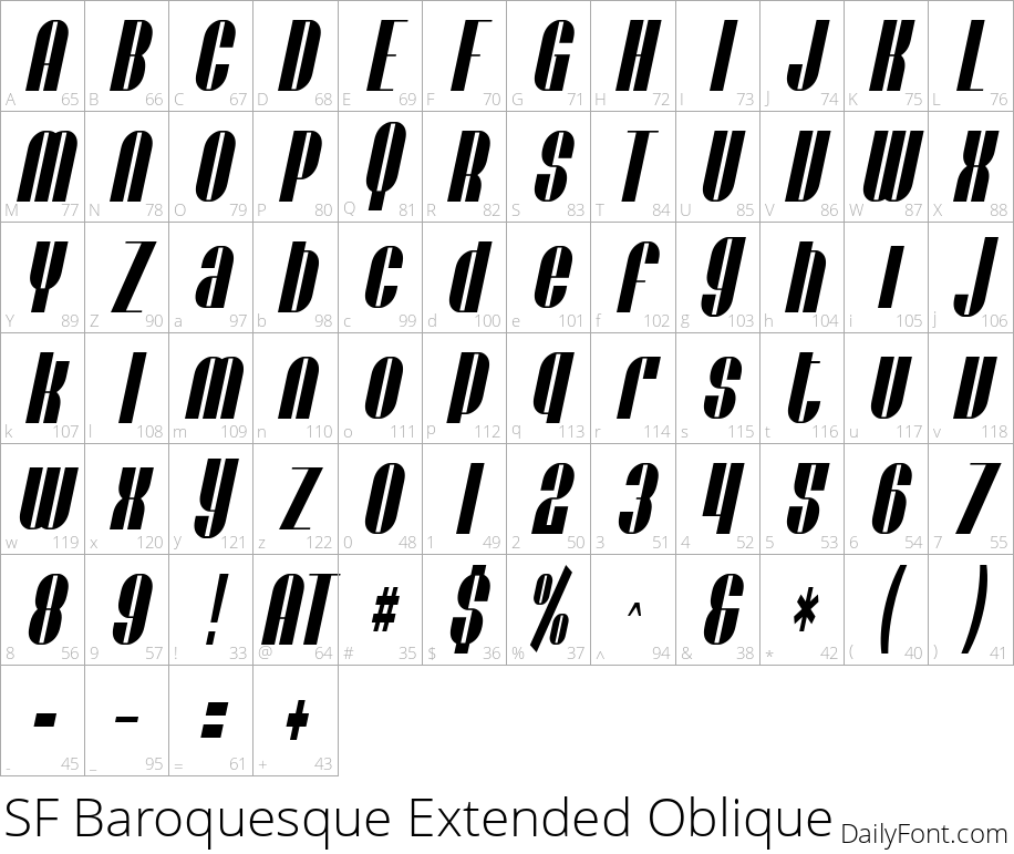 SF Baroquesque Extended Oblique character map