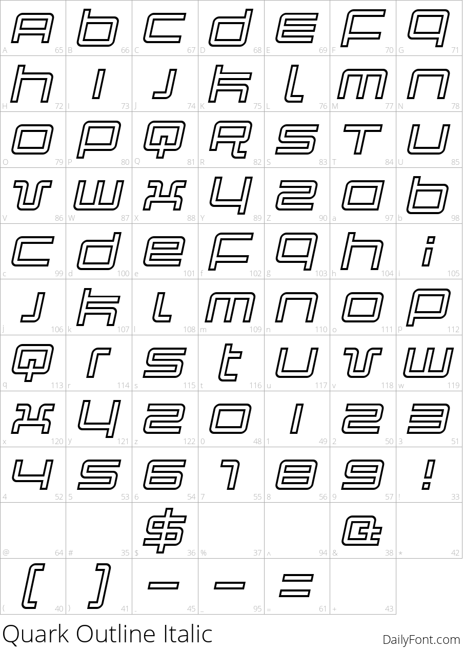 Quark Outline Italic character map