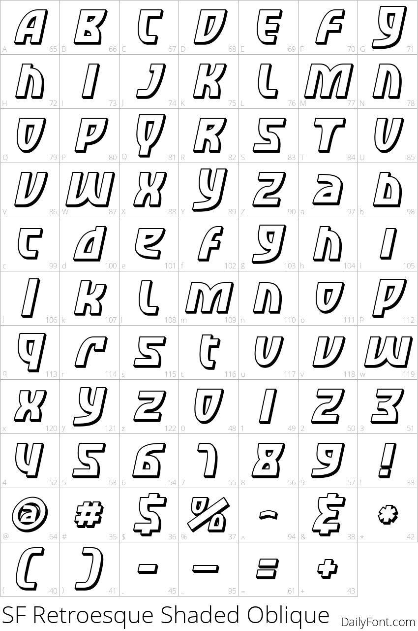 SF Retroesque Shaded Oblique character map