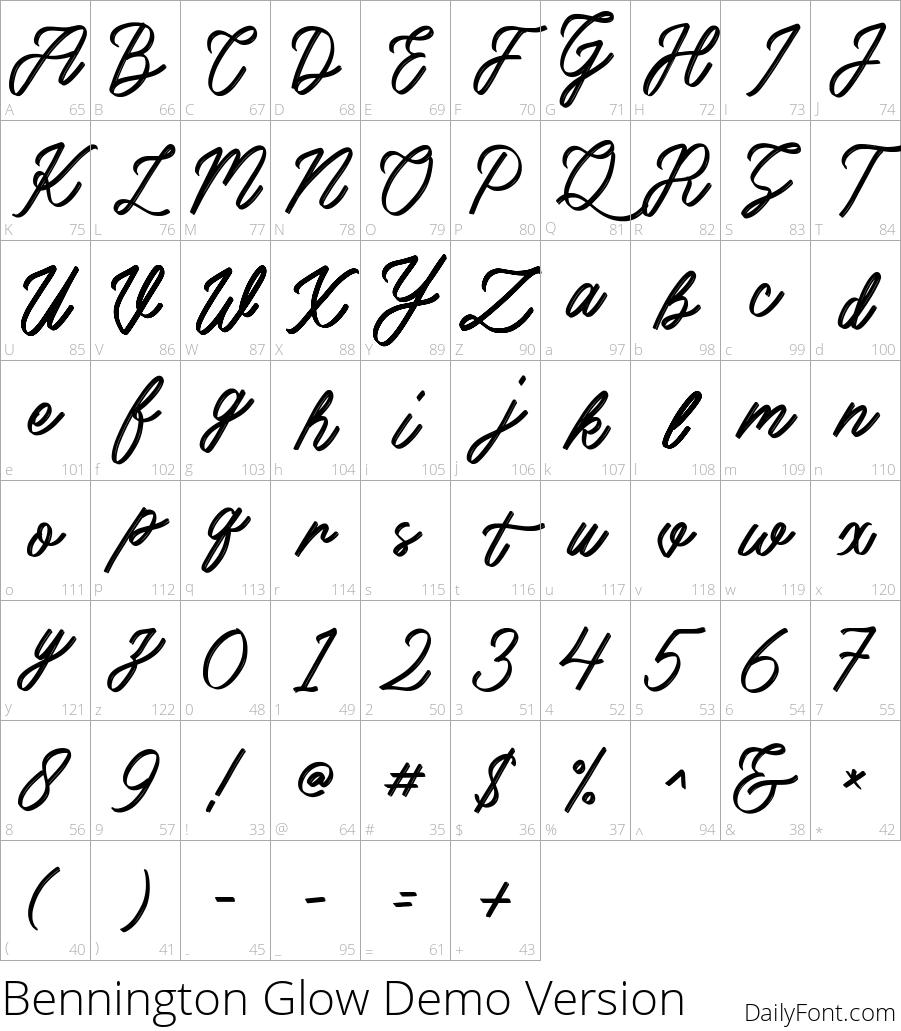 Bennington Glow character map