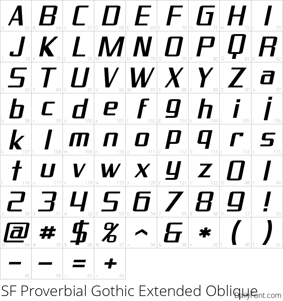 SF Proverbial Gothic Extended Oblique character map