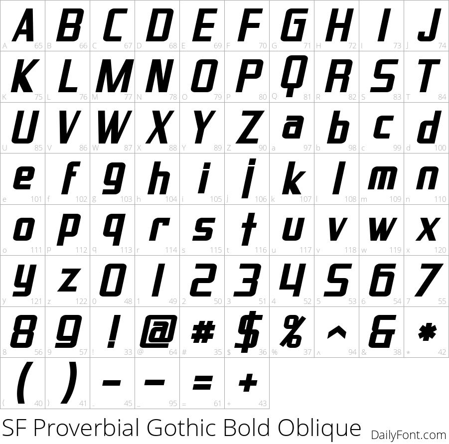 SF Proverbial Gothic Bold Oblique character map