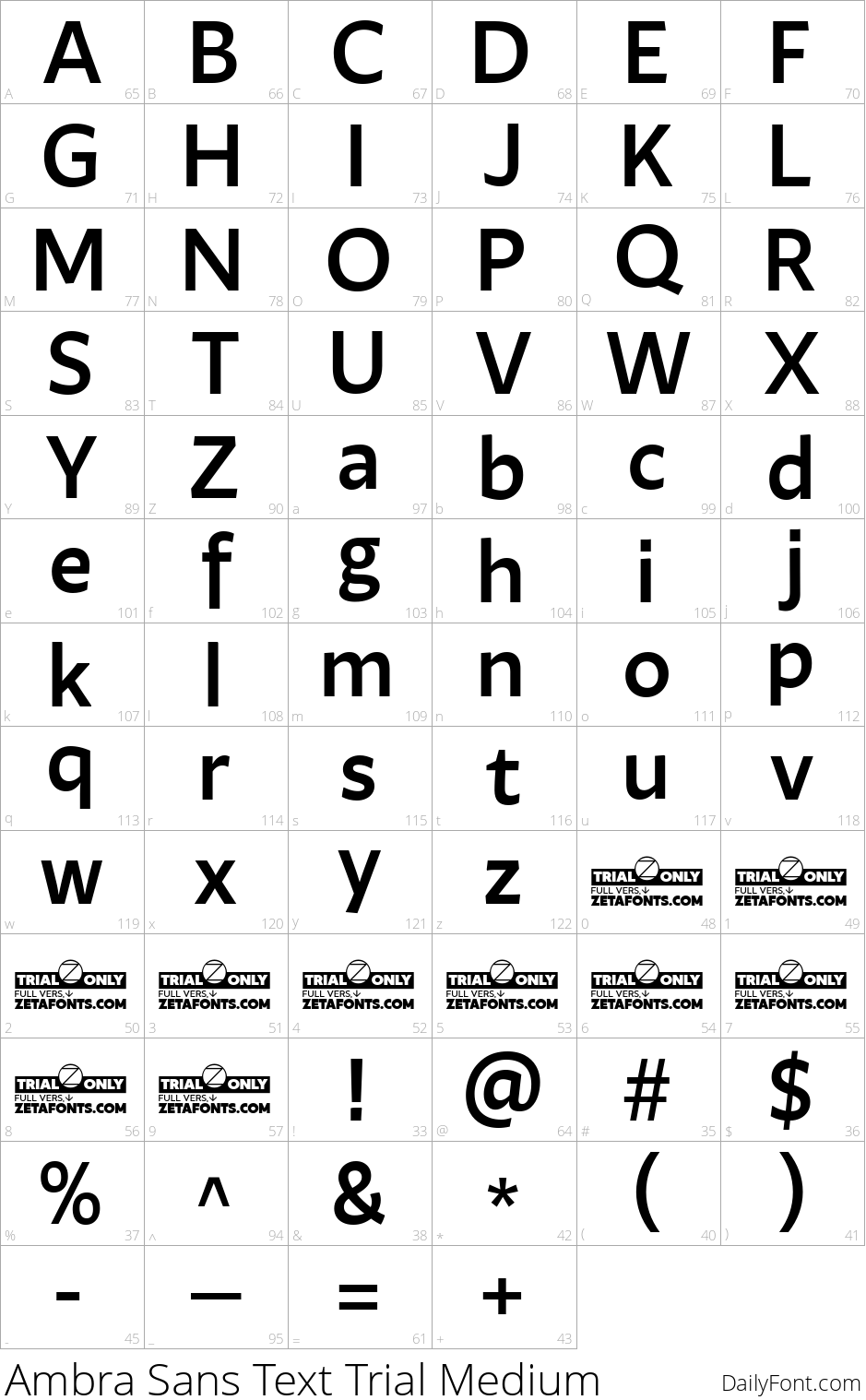 Ambra Sans Text Trial Medium character map