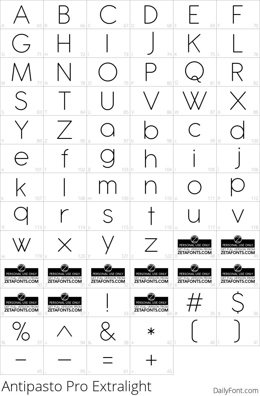Antipasto Pro Extralight character map