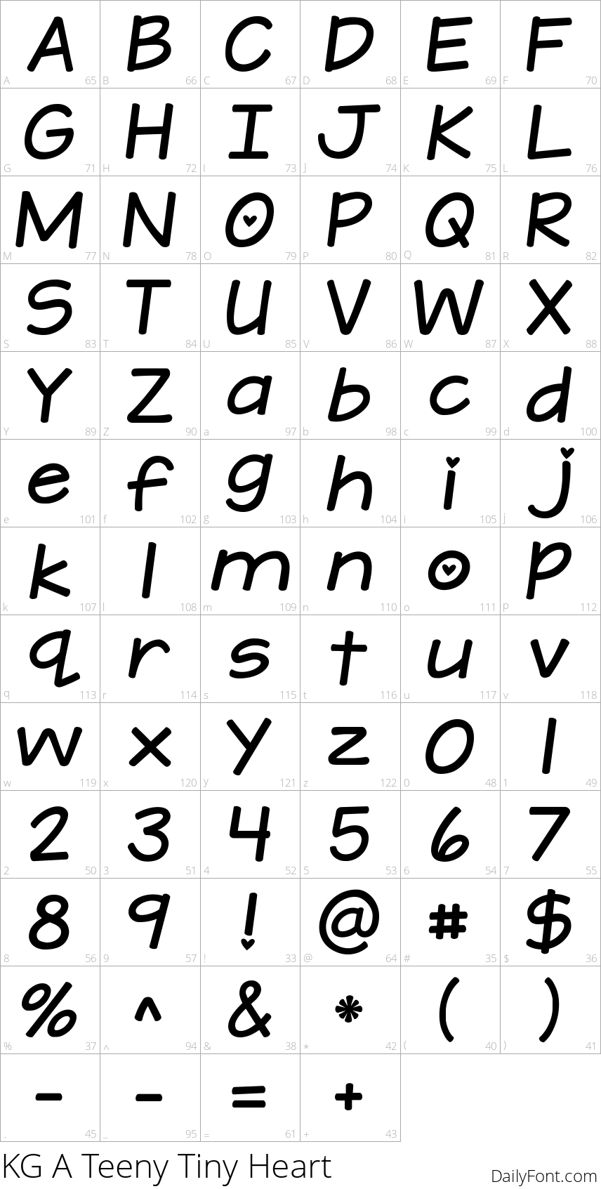 KG A Teeny Tiny Heart character map