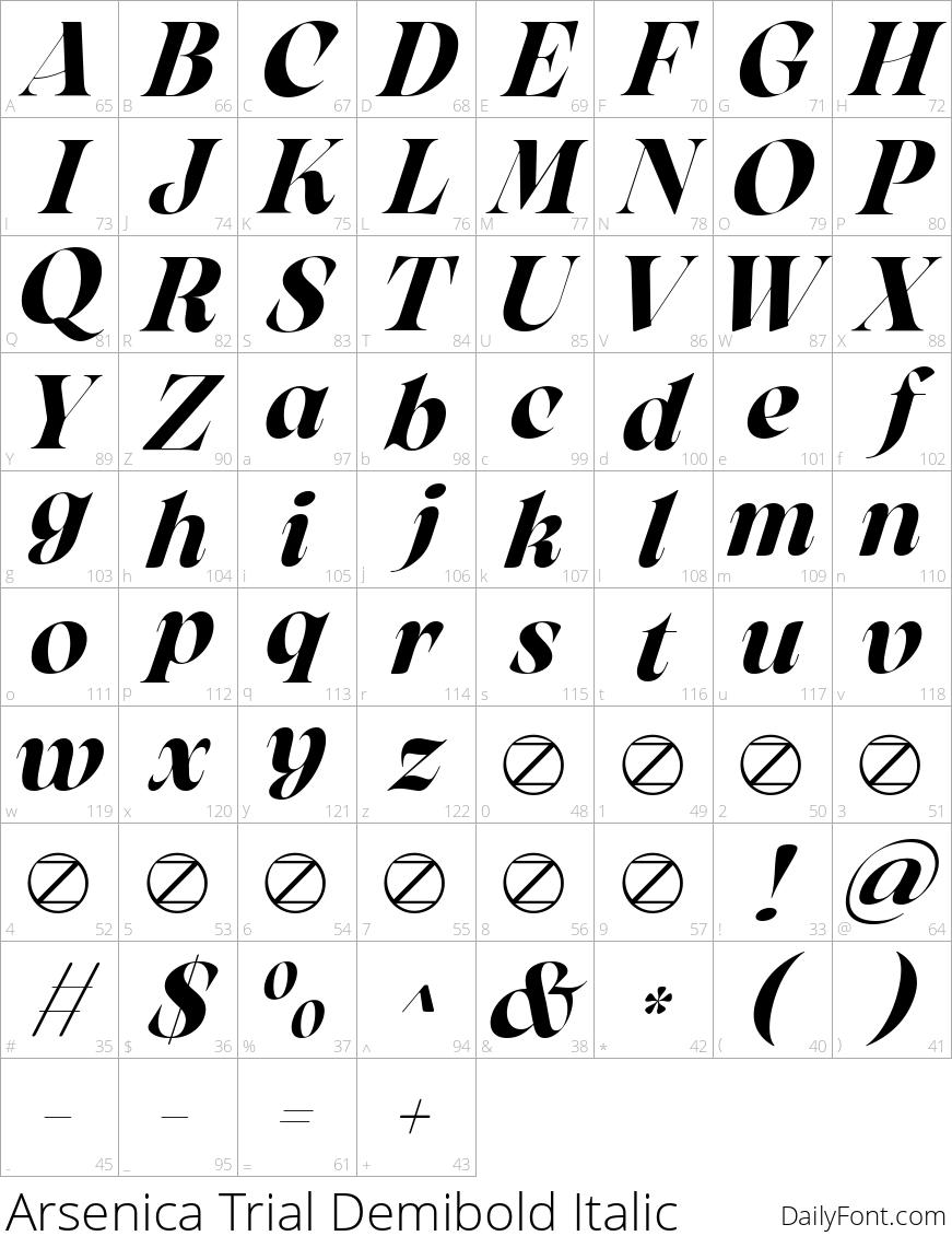 Arsenica Trial Demibold Italic character map