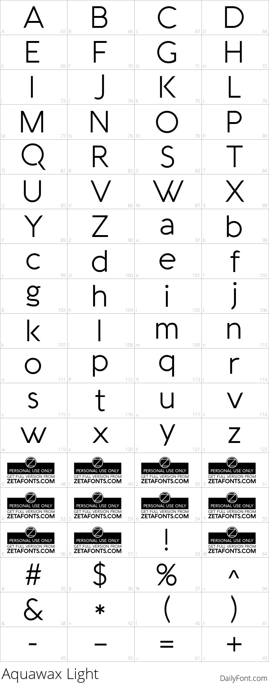 Aquawax Light character map