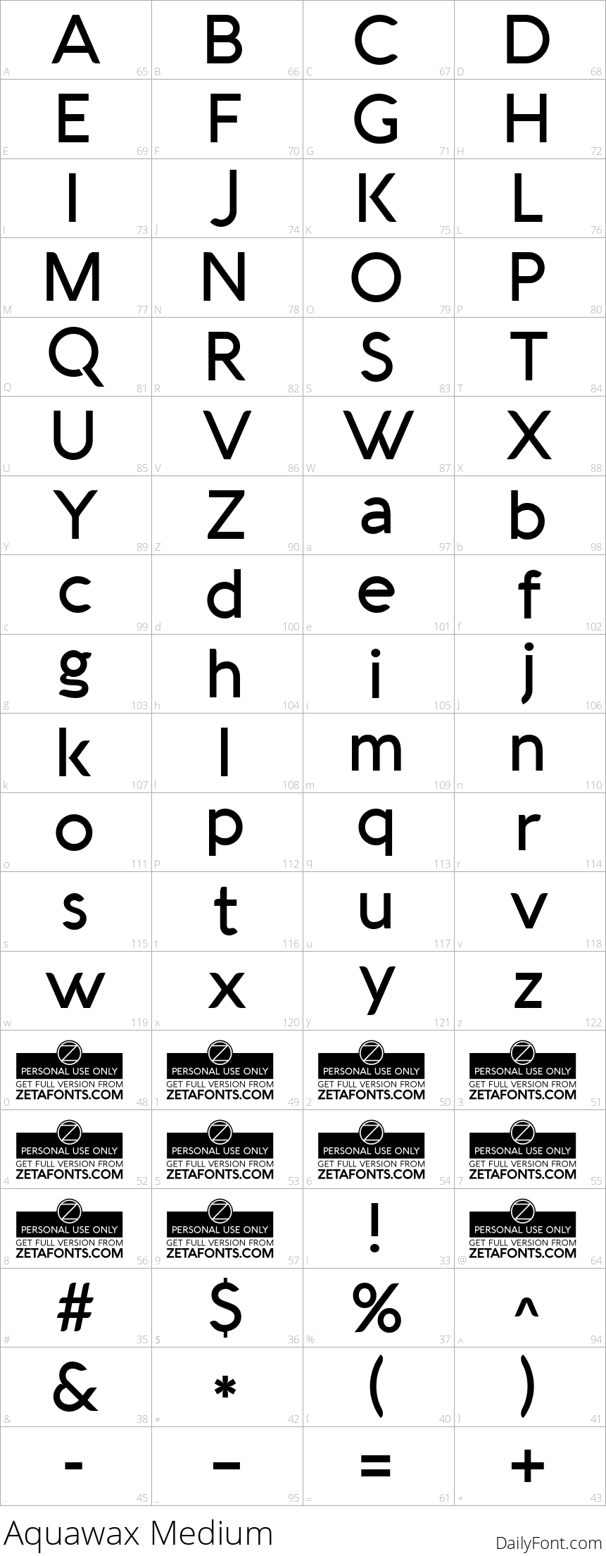 Aquawax Medium character map