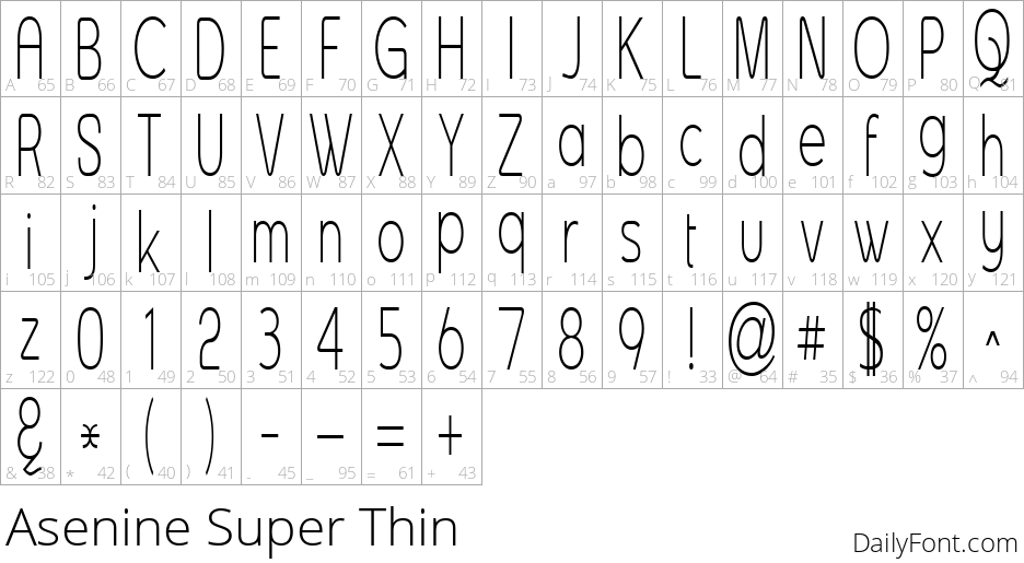 Asenine Super Thin character map