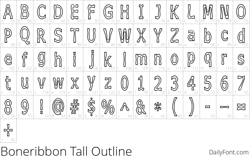 Boneribbon Tall Outline character map