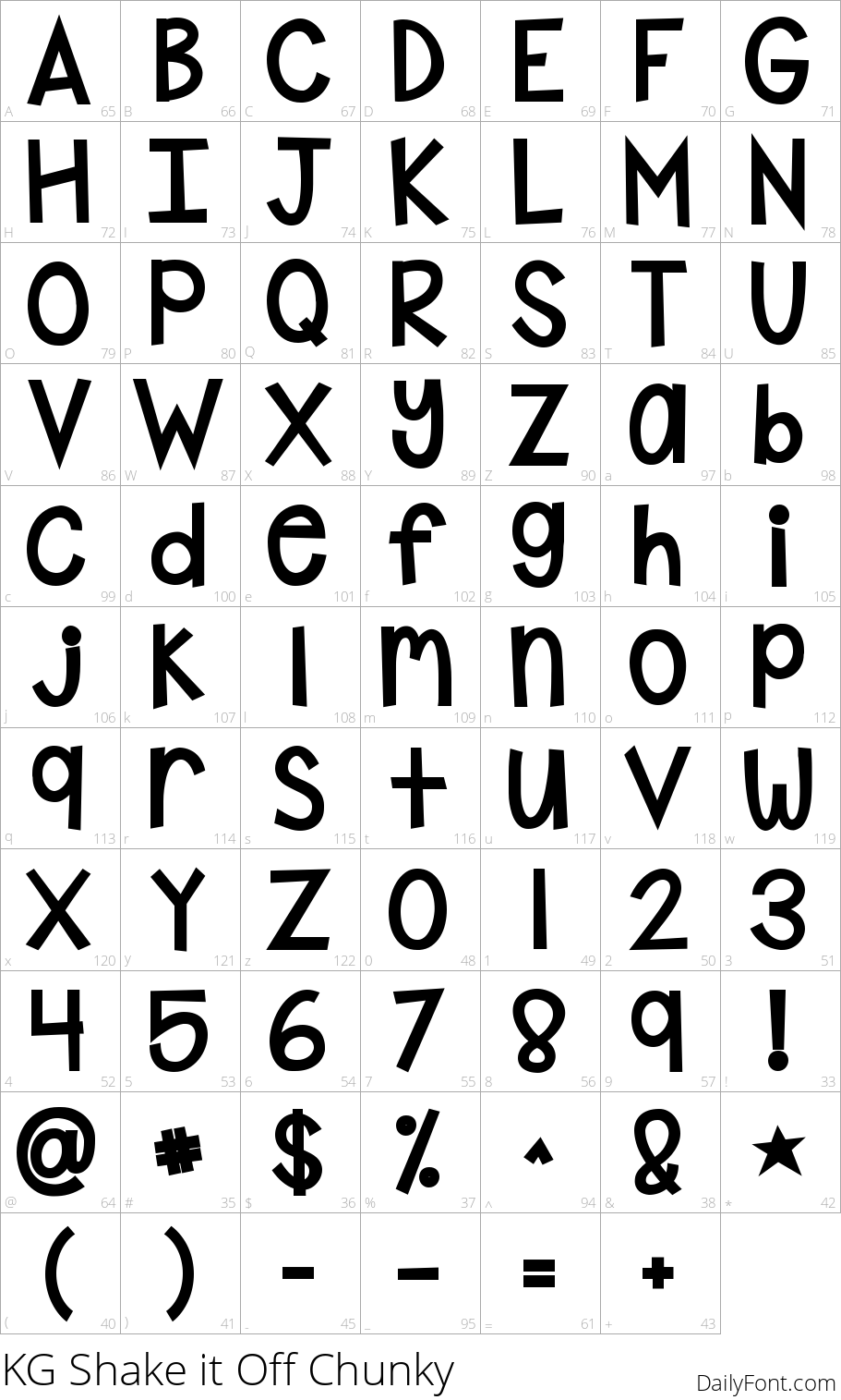 KG Shake it Off Chunky character map