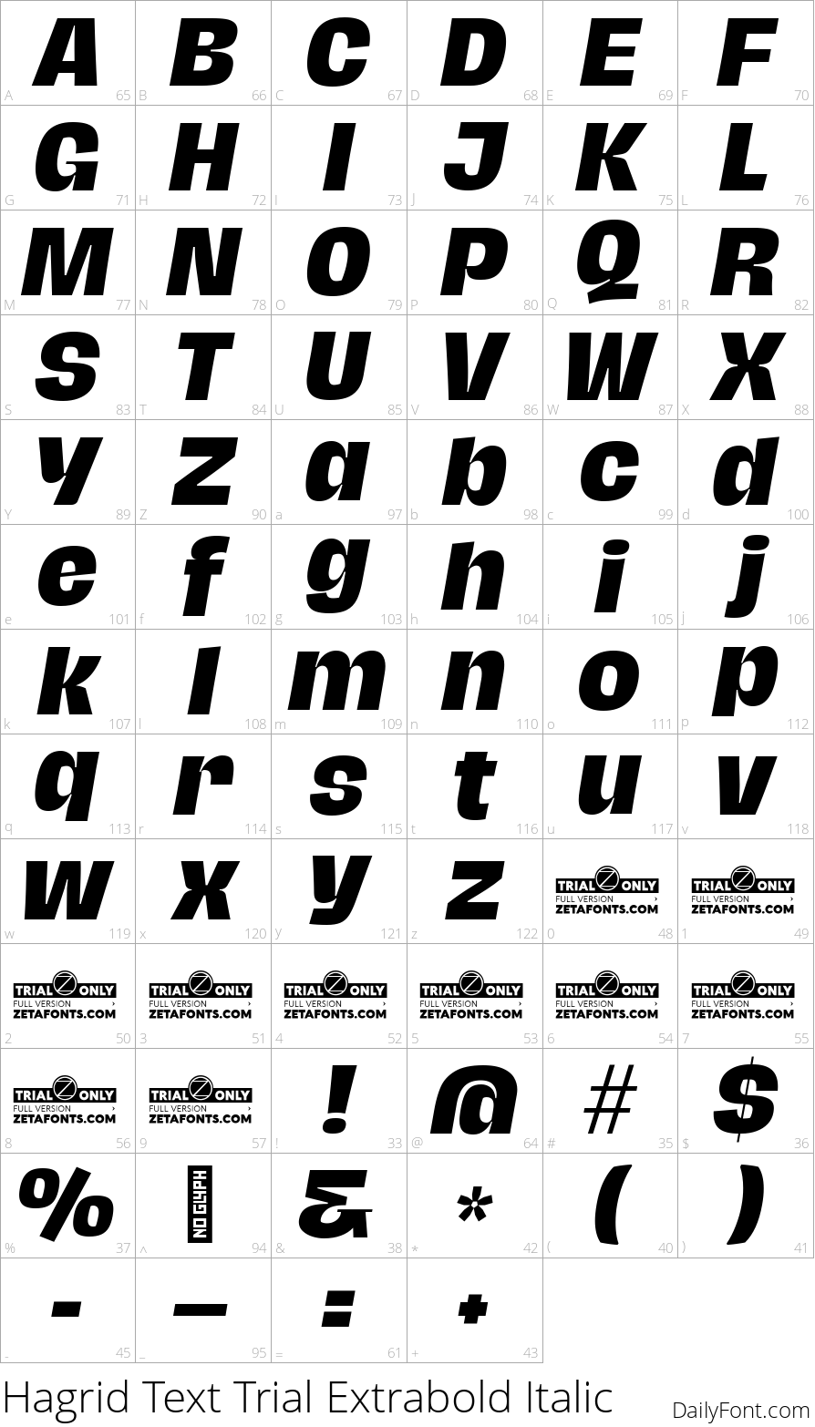 Hagrid Text Trial Extrabold Italic character map