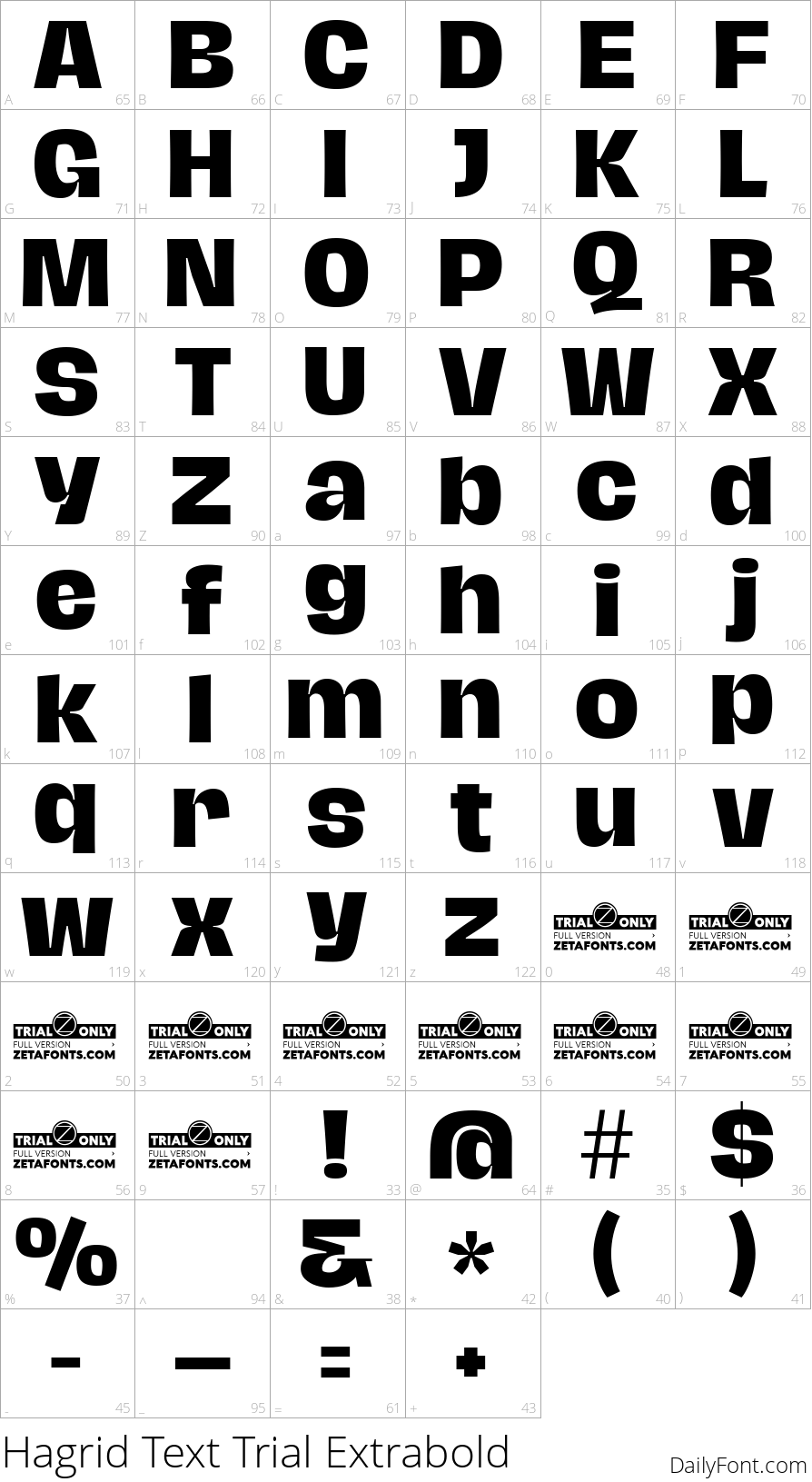 Hagrid Text Trial Extrabold character map