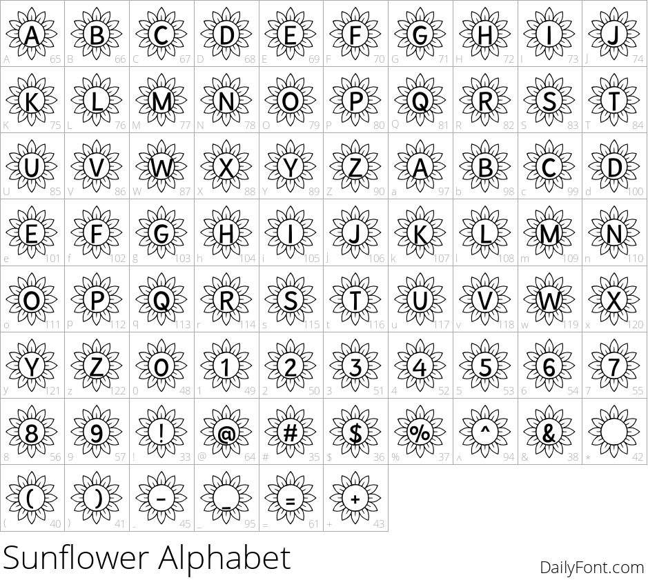 Sunflower Alphabet character map