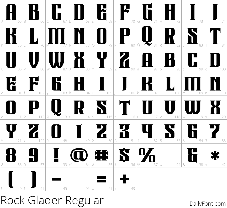 Rock Glader font character map