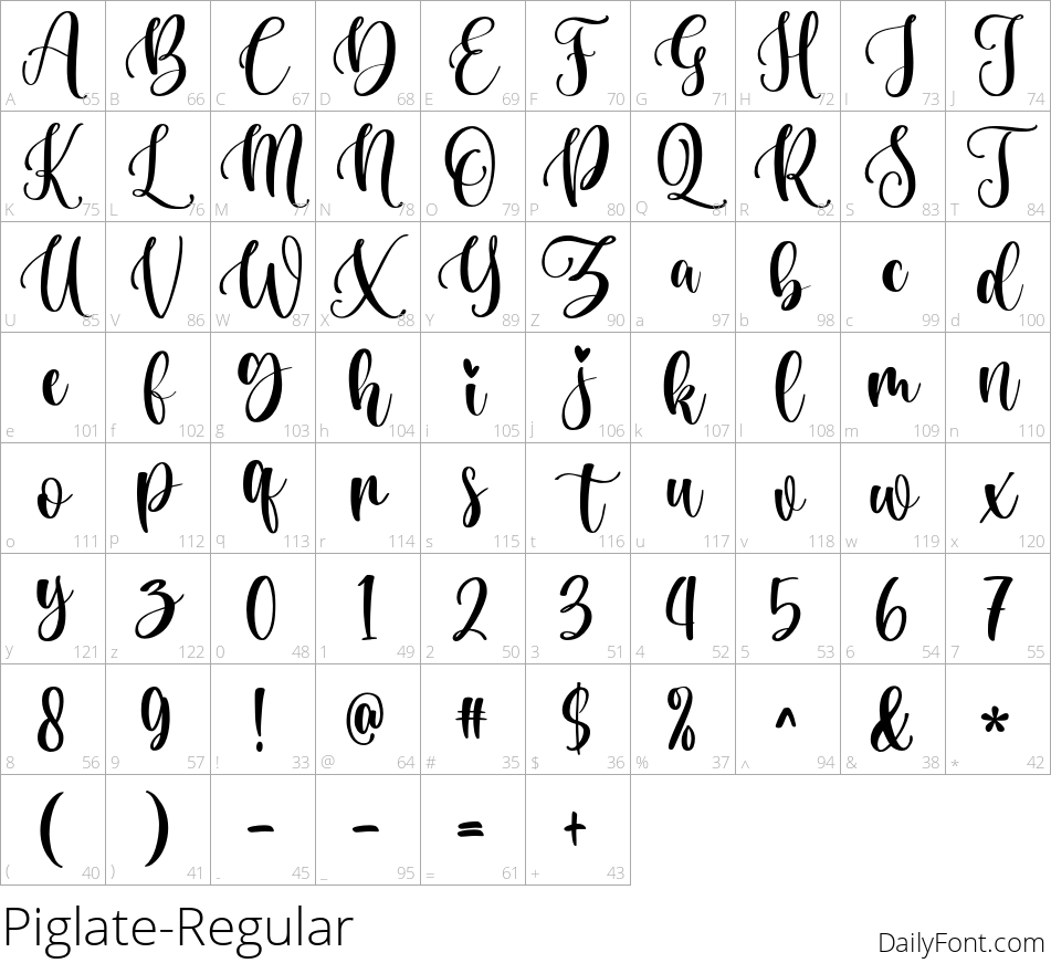 Piglate-Regular character map