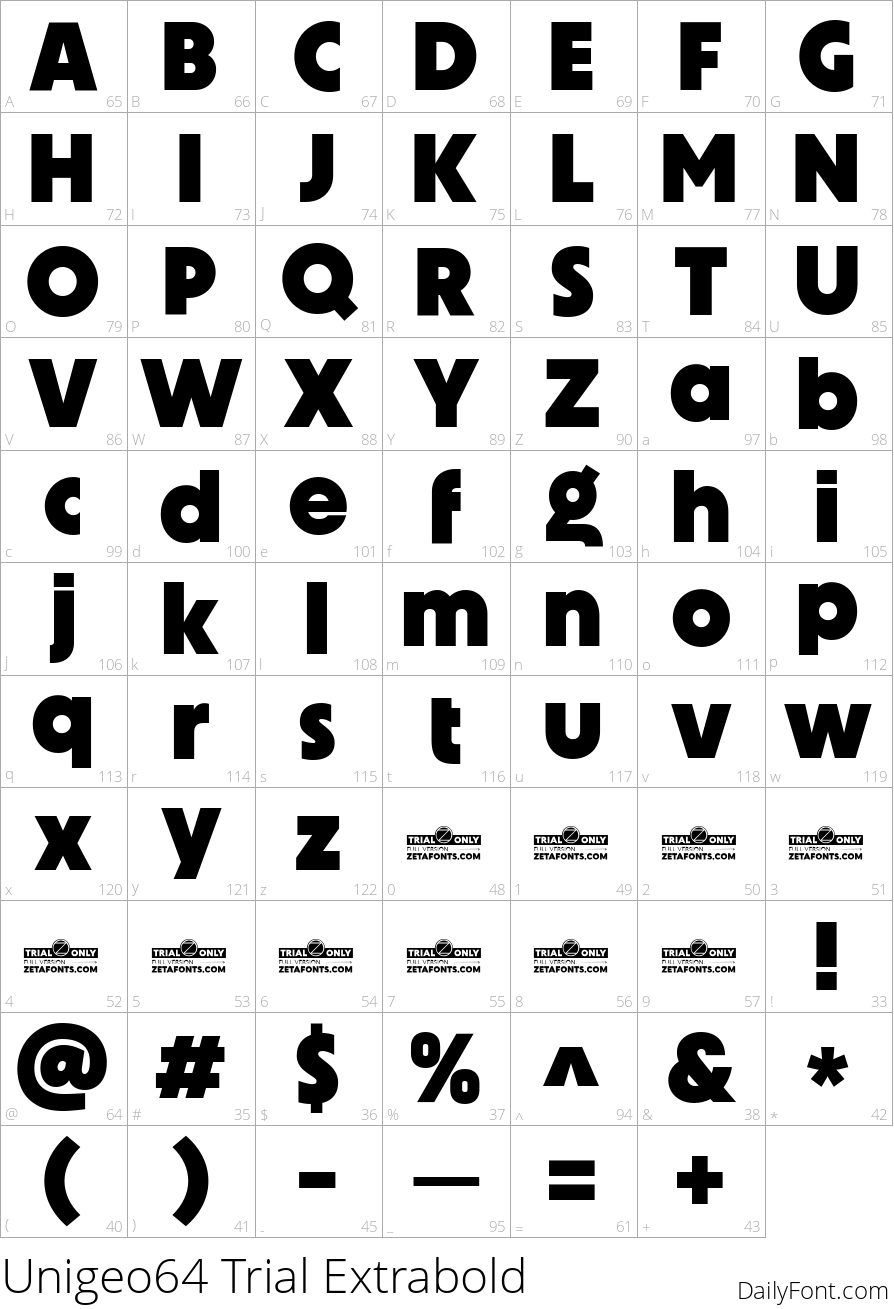 Unigeo64 Trial Extrabold character map
