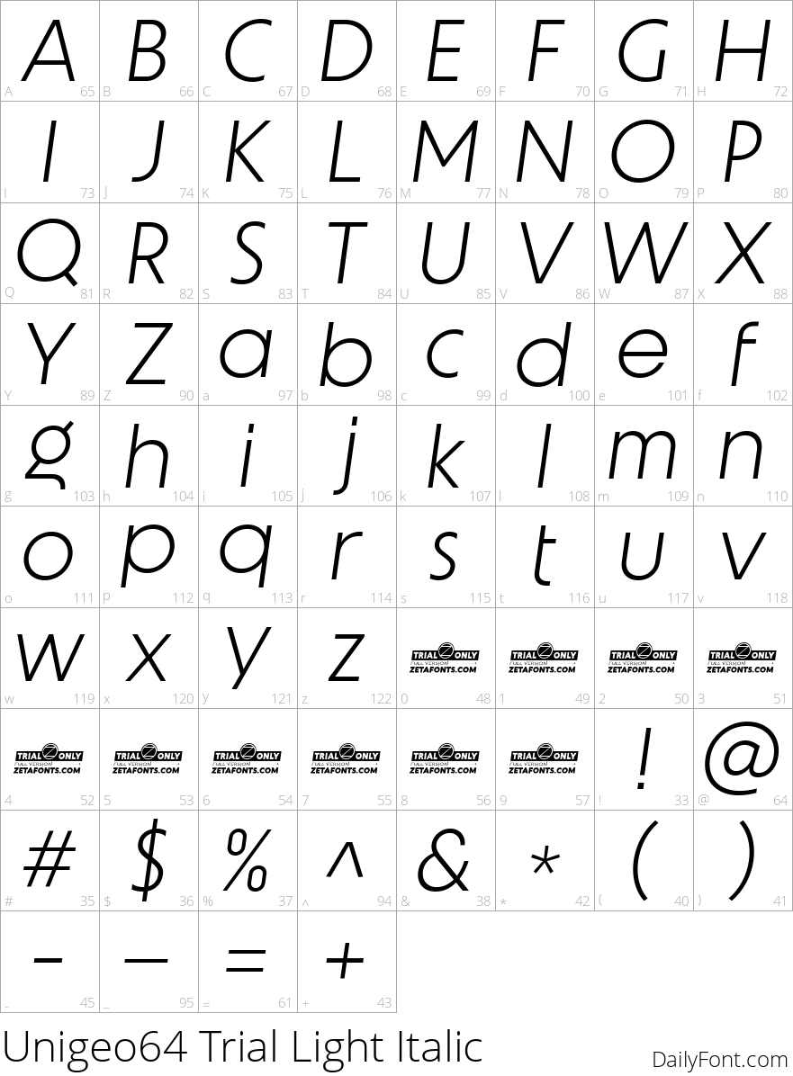 Unigeo64 Trial Light Italic character map