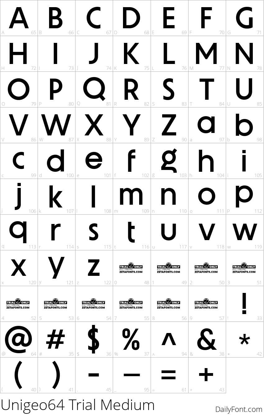 Unigeo64 Trial Medium character map