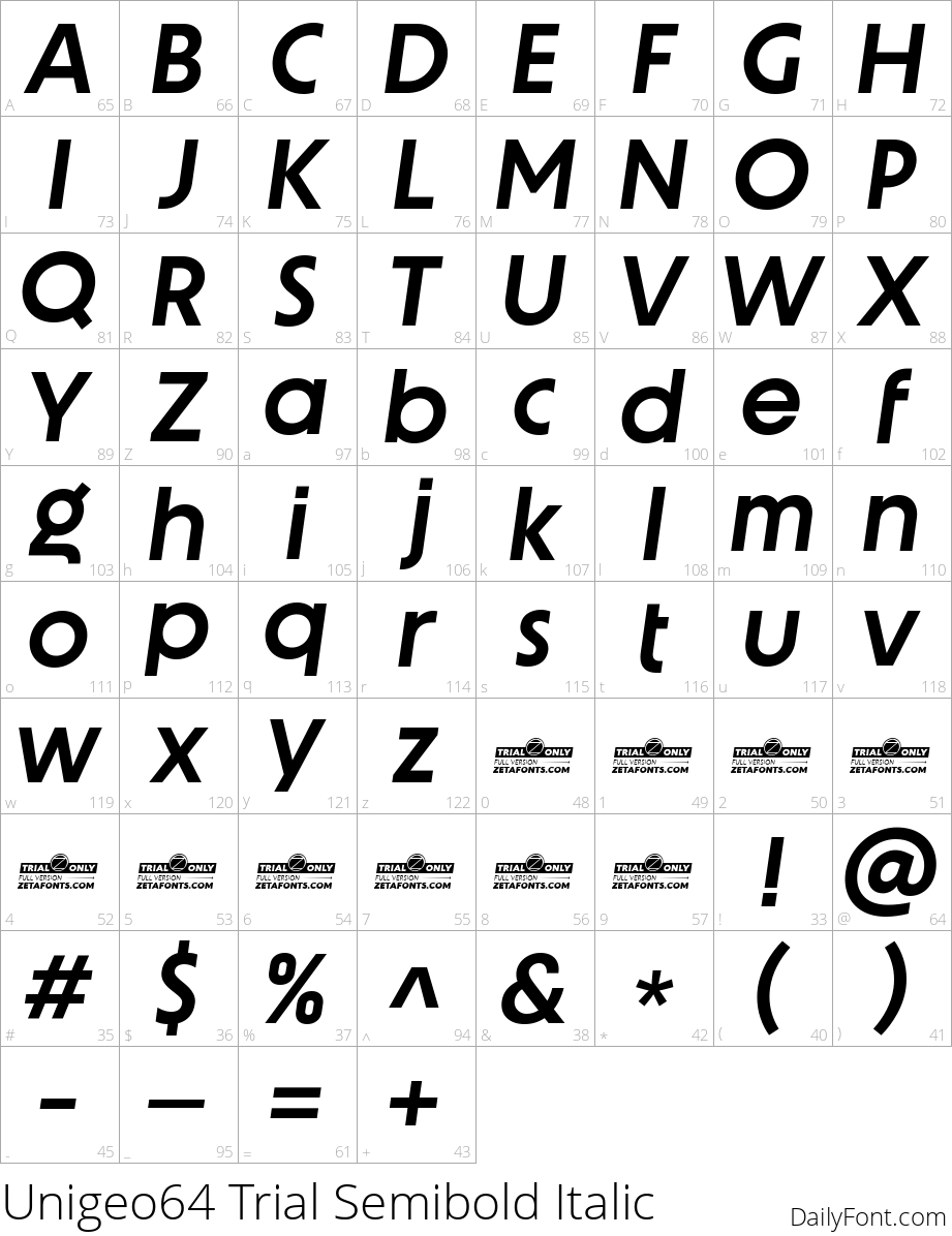 Unigeo64 Trial Semibold Italic character map