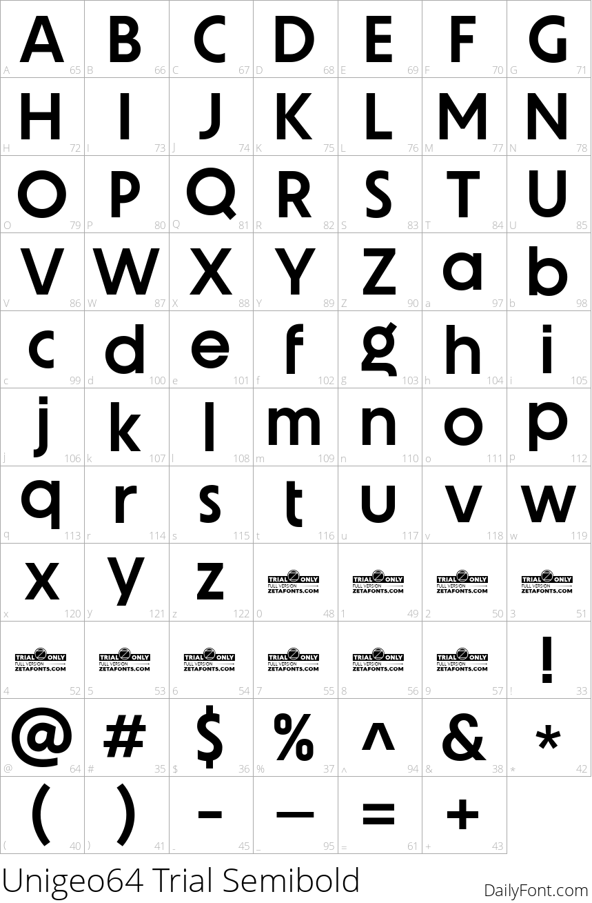Unigeo64 Trial Semibold character map
