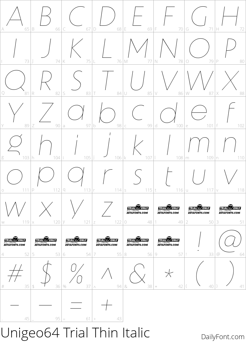 Unigeo64 Trial Thin Italic character map