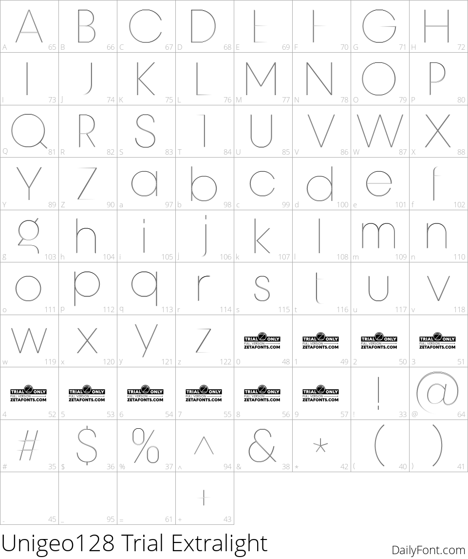 Unigeo128 Trial Extralight character map