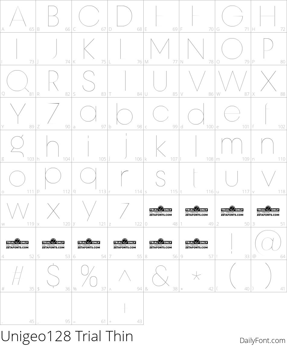 Unigeo128 Trial Thin character map