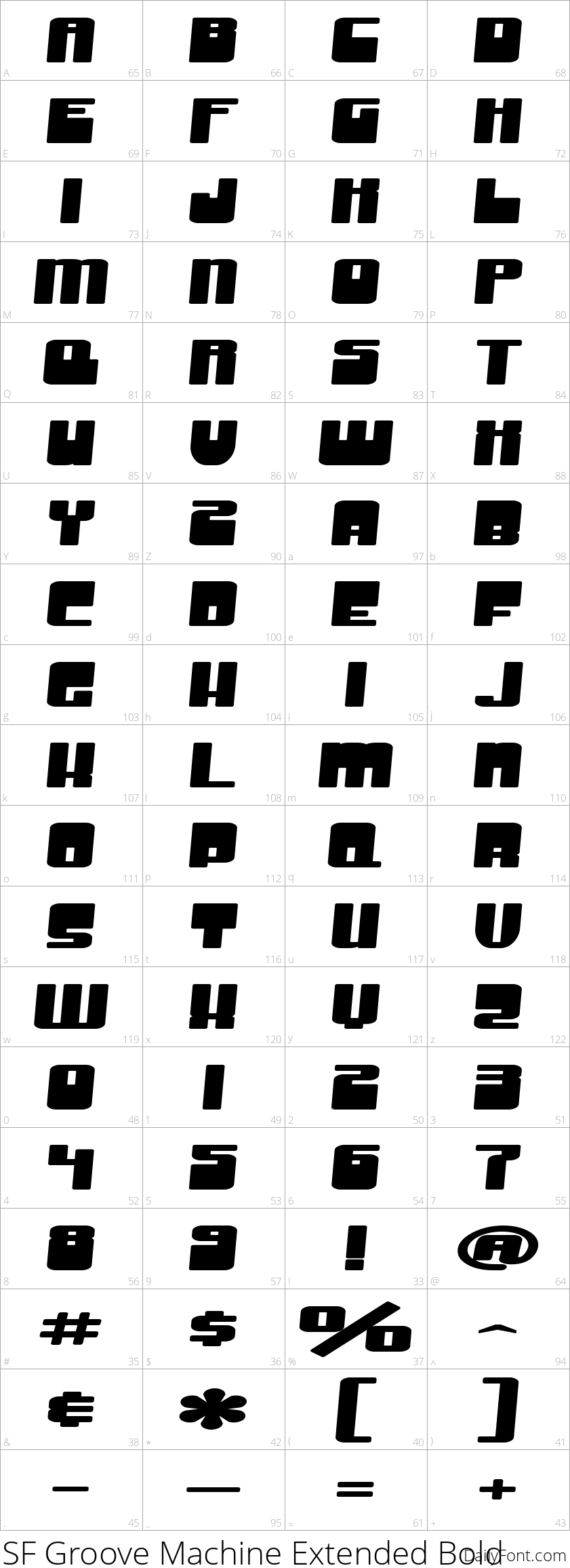 SF Groove Machine Extended Bold character map