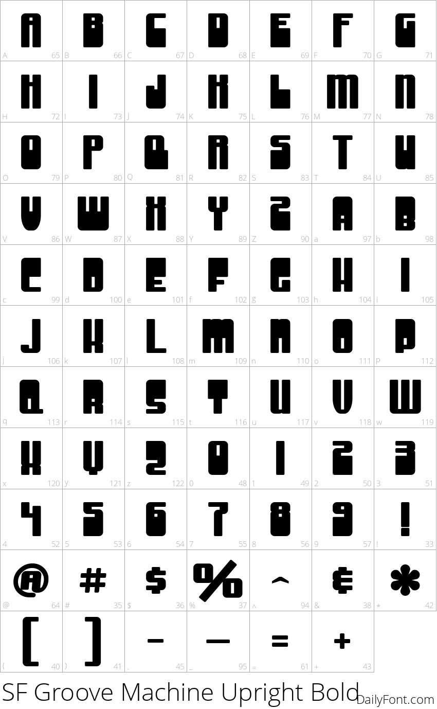 SF Groove Machine Upright Bold character map