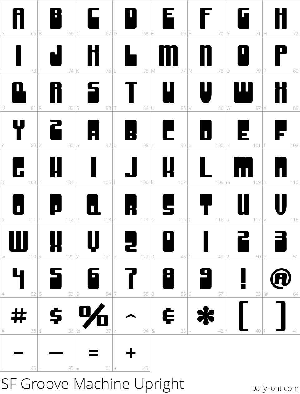 SF Groove Machine Upright character map