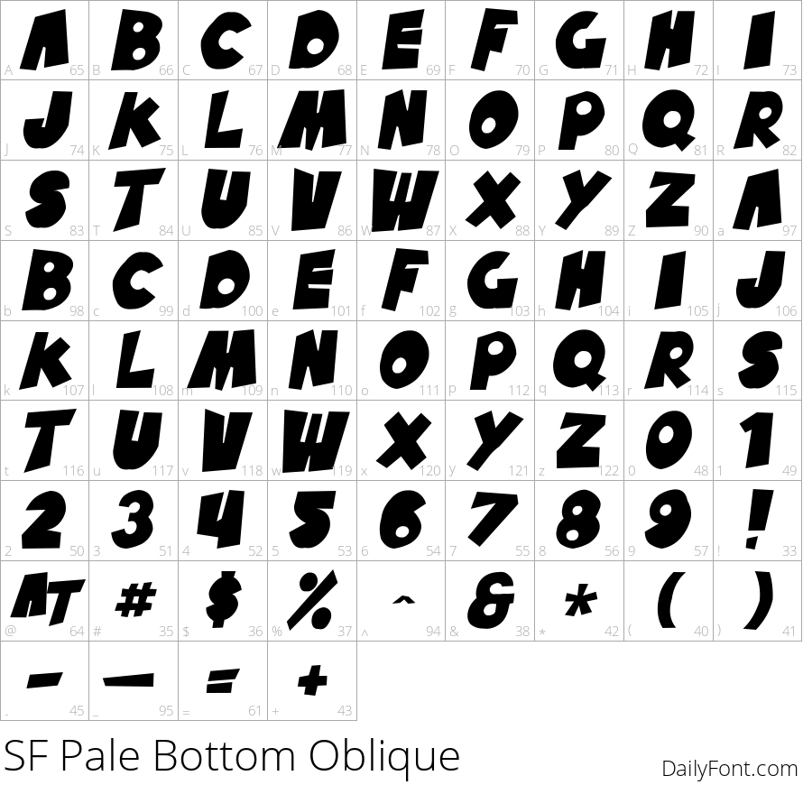 SF Pale Bottom Oblique character map