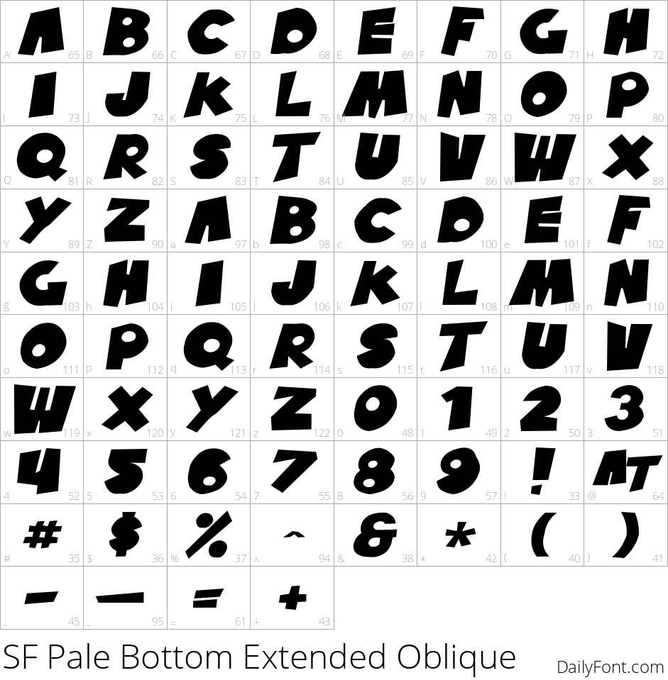 SF Pale Bottom Extended Oblique character map