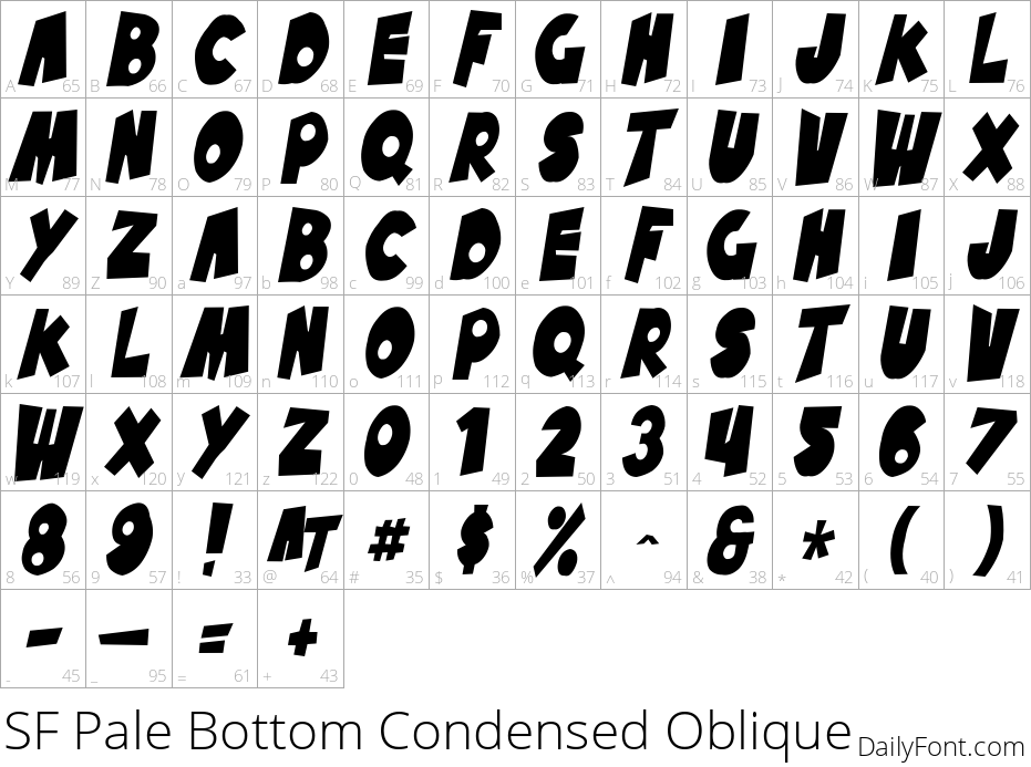 SF Pale Bottom Condensed Oblique character map