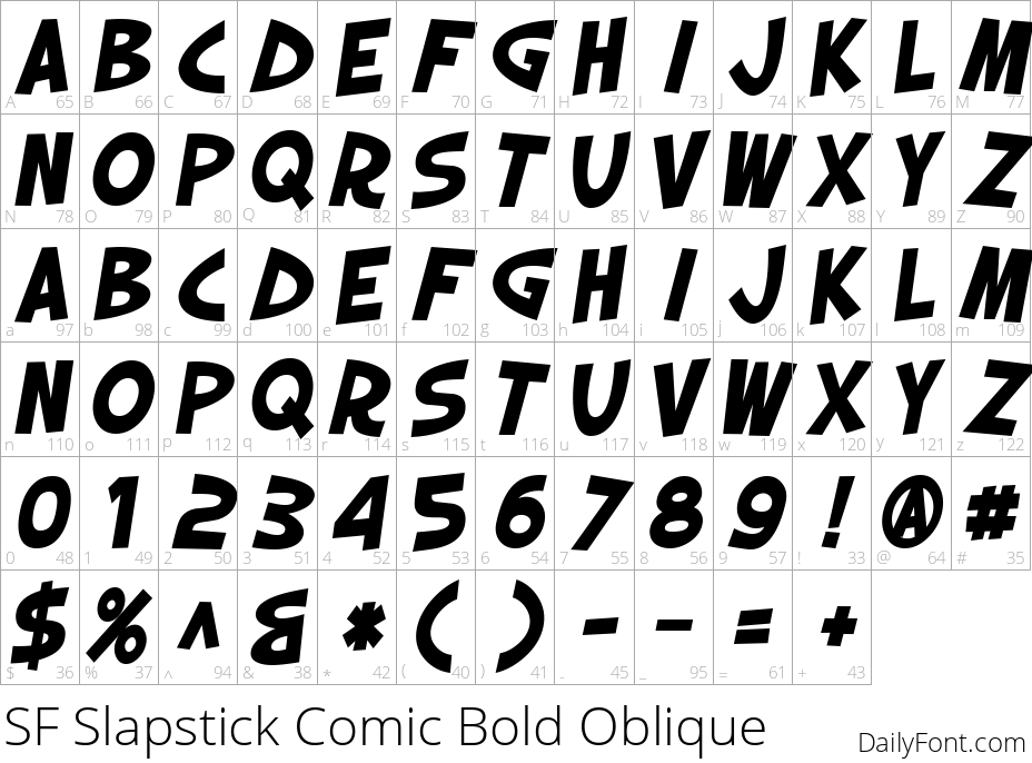 SF Slapstick Comic Bold Oblique character map
