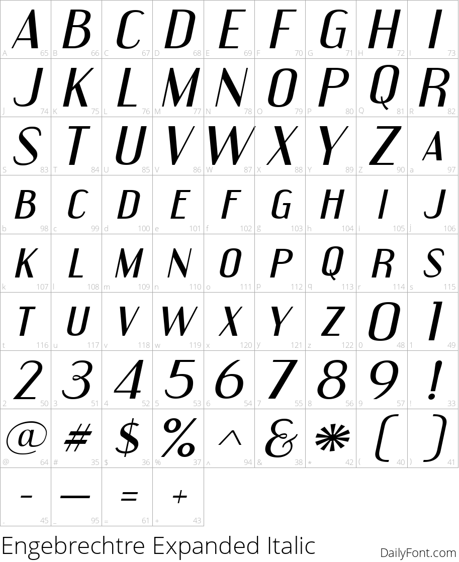 Engebrechtre Expanded Italic character map