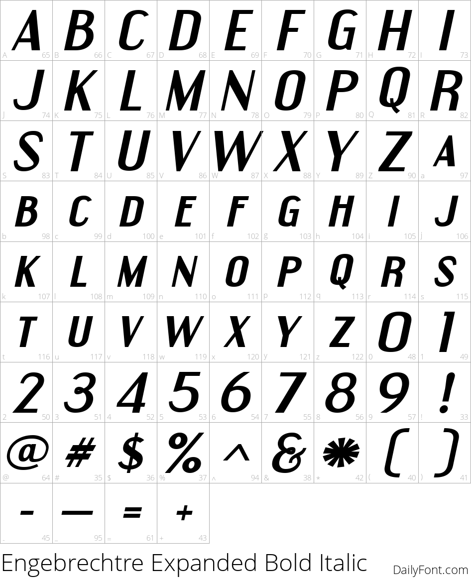 Engebrechtre Expanded Bold Italic character map