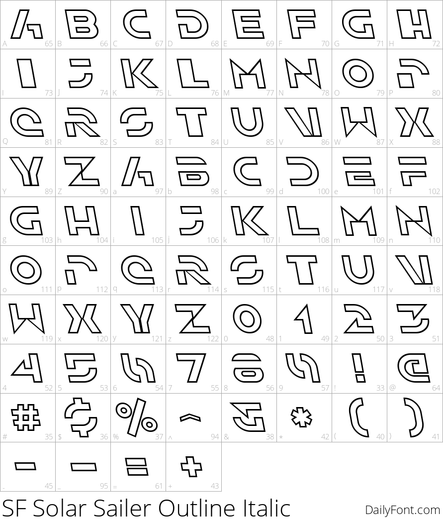 SF Solar Sailer Outline Italic character map