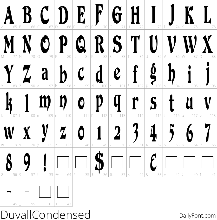 DuvallCondensed character map