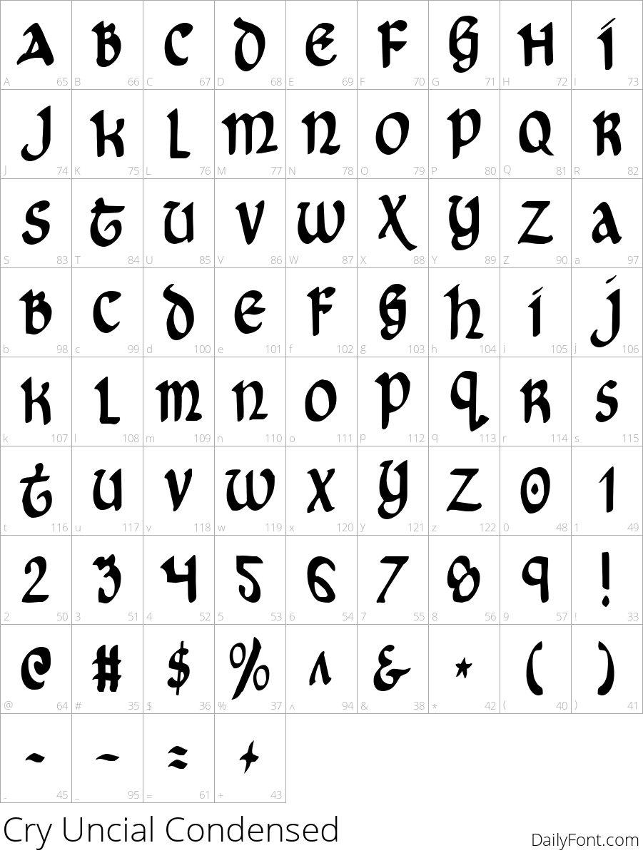 Cry Uncial Condensed character map