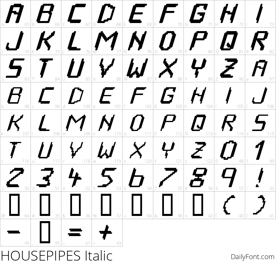 HOUSEPIPES Italic character map