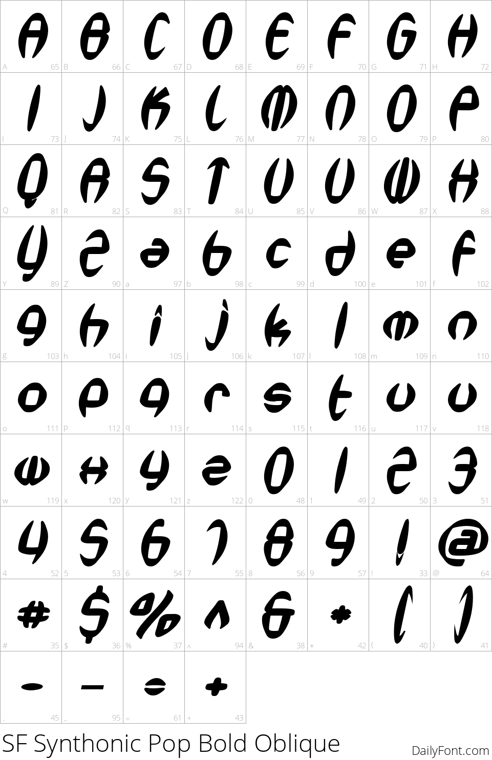 SF Synthonic Pop Bold Oblique character map