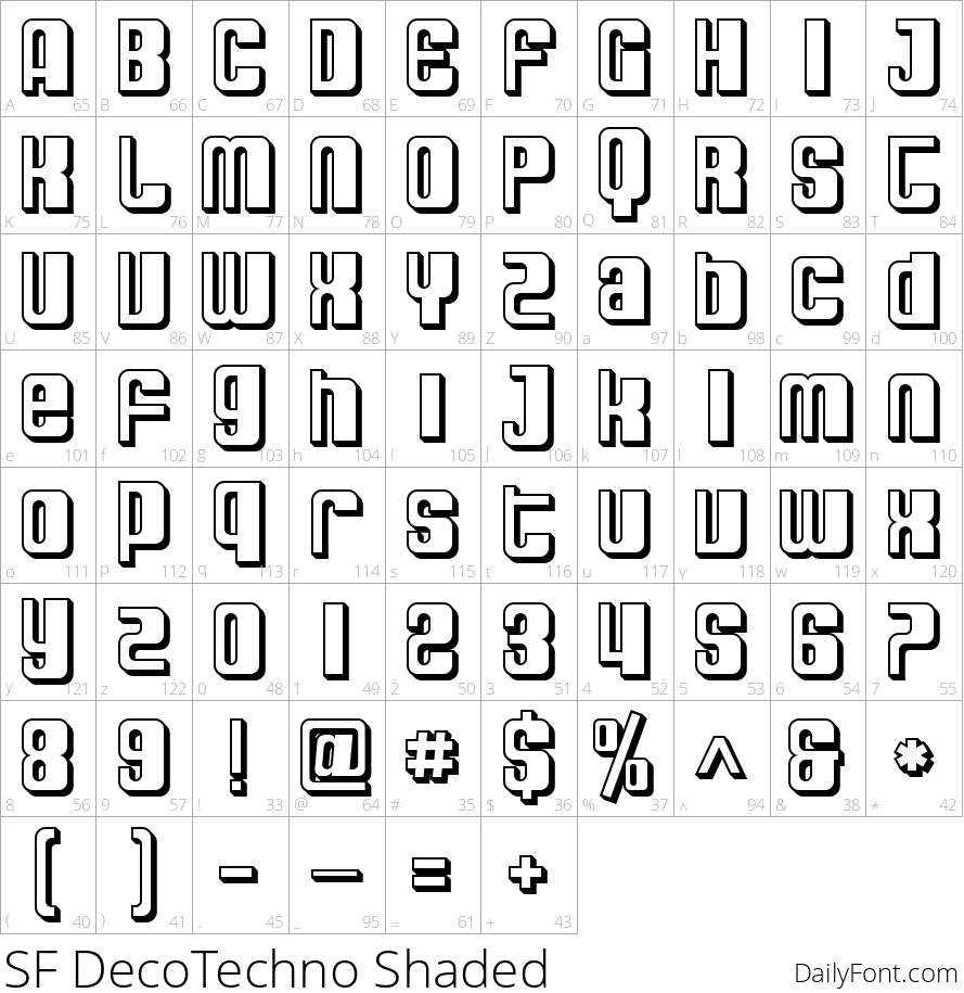 SF DecoTechno Shaded character map