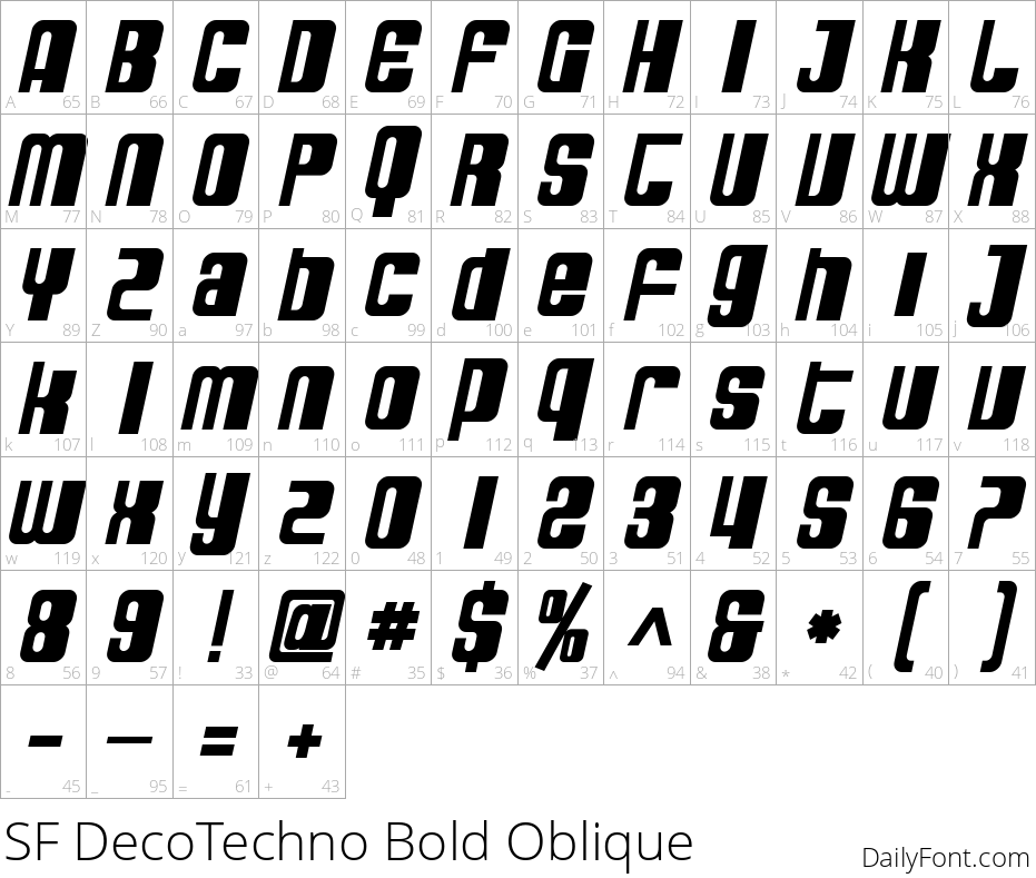 SF DecoTechno Bold Oblique character map