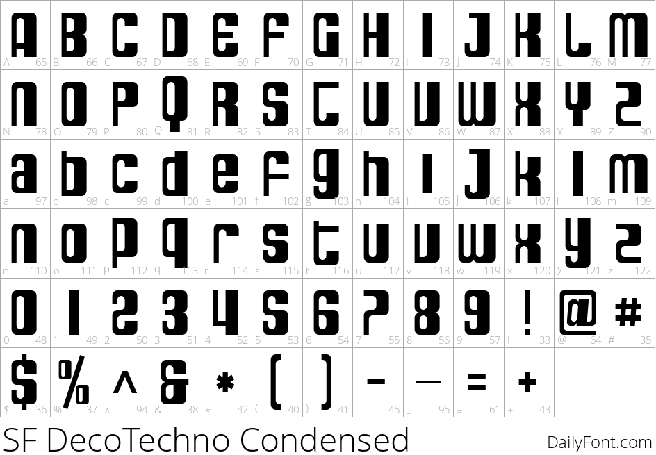 SF DecoTechno Condensed character map