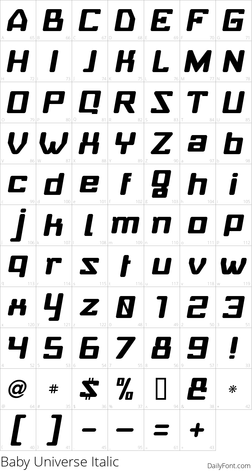 Baby Universe Italic character map